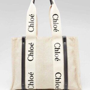 Chloe Beige/Black Canvas/Leather Medium Woody Tote Bag